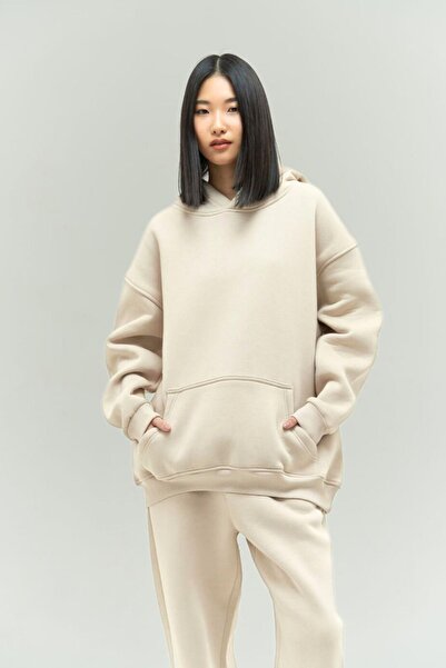 YAKAMEL WOMEN'S 3-THREAD WINTER OVERSIZE BEIGE Tracksuit SET