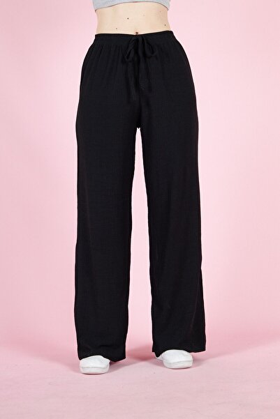YAKAMEL Kadın Siyah Plazzo Pantolon Bol Paça Lastikli Bel