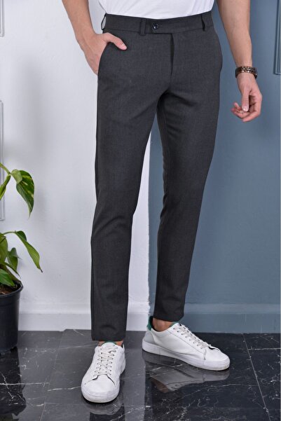 YAKAMEL Erkek Füme Dar Kesim Esnek Likralı Bilek Boy Kumaş Pantolon