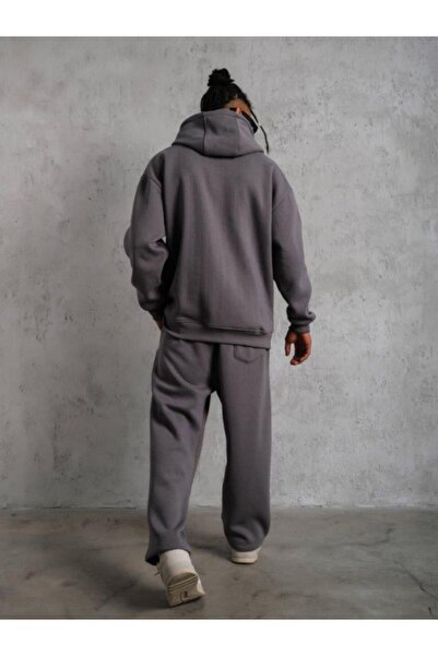 YAKAMEL Erkek Füme 3 İplik Kapşonlu Kanguru Cep Hoodie Eşofman Takımı