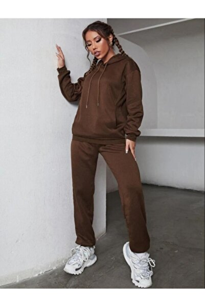 YAKAMEL Γυναικείο σετ φόρμας με κουκούλα σε καφέ χρώμα, με 3 κλωστές και σχέδ...