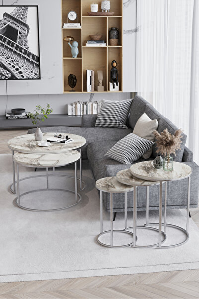 ED Efelez Design Zigon Sehpa , Paris 3'lü C Zigon Sehpa Takımı , Gümüş Metal - Beyaz Mermer Tabla