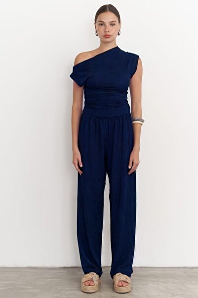 YAKAMEL Ženske tamnoplave Teksturirano ležerne letnje Elastično palazzo hlače...