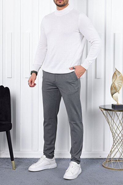 YAKAMEL Men's Gray Lycra Free Slim Fit Ankle Length Fabric Trousers