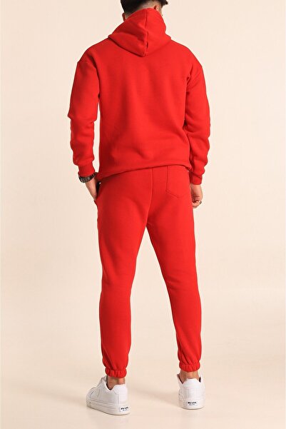 YAKAMEL Kırmızı Erkek Kapüşonlu Cepli Lastik Paça İçi Polar Eşofman Takımı