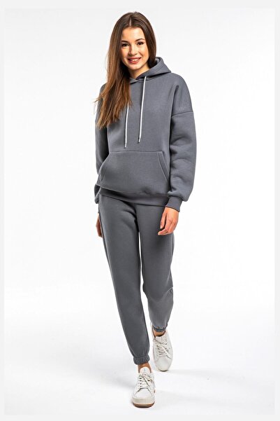 YAKAMEL Kadın Smoked 3 İplik Polarlı Kapşonlu Eşofman Takımı