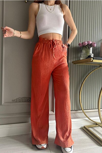 YAKAMEL Kadın Kiremit Bol Paça Dokulu Cepli Palazzo Ispanyol Paça Kumaş Pantolon