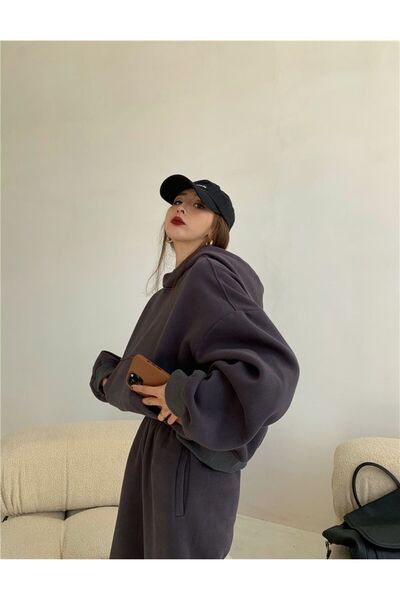 YAKAMEL KADIN  OVERSİZE İÇİ PAMUKLU PAÇASI LASTİKLİ EŞFOMAN TAKIMI