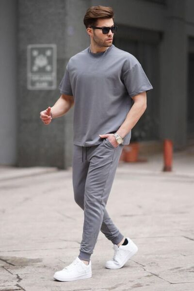 YAKAMEL Erkek Beli Yüksek Penye Oversize Kısa Kollu Eşofman Takımı