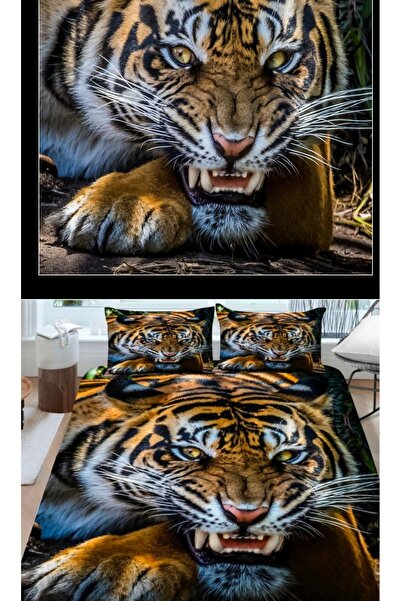 Elmas Dizayn طقم غطاء لحاف مزدوج من الساتان القطني - 4 قطع و2 ستارة خلفية، بن...