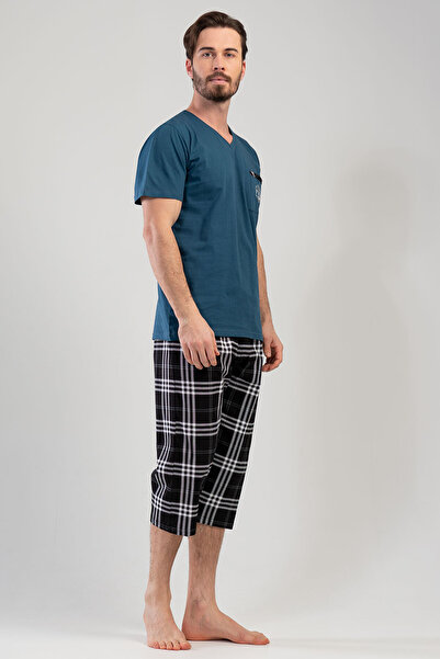 VİENETTA Men's V-Neck Capri Pajamas Set - Cotton, Plus Size, Short Sleeve