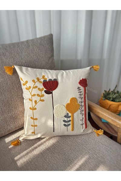 Soft Colours Bohemian Linen Throw Pillow - Authentic Punch Embroidered, 43X43 cm