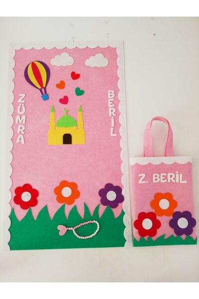 keçeli dünyam Isme Özel Kız Çocuk Seccadesi Takımı (seccade, Seccade Çantası Ve Tespih), (keçe Kumaştan)