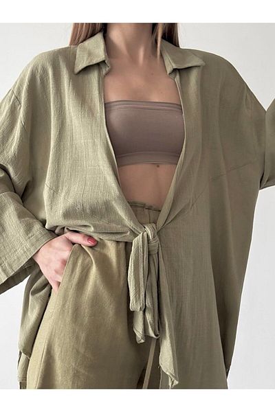 votre bonn couture Damen-Kimono-Hemd aus importiertem, hochwertigem, khakifarbenem Leinenstoff