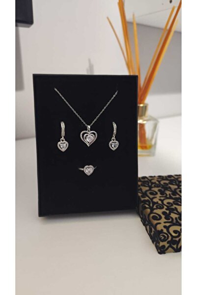 JUPİTER HOME Gümüş Pandora,am Çelik Kalpli Taşlı Kolye Ve Yüzük Seti Ciddi Ilişki Yüzügü Yılbaşı Hediyesi