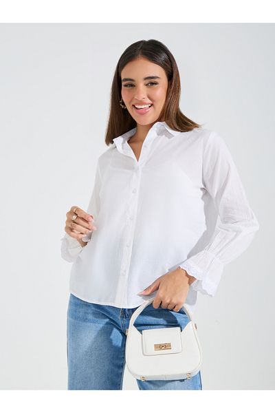 Styli Schiffli Detail Button Down Shirt with Cuffed Long Sleeve