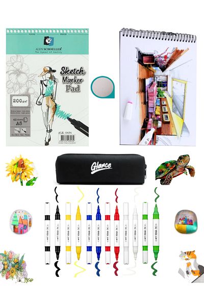 GLANCE Alex Marker - 200gr A5 40yp Sketchbook, Colorful Acrylic Set of 6