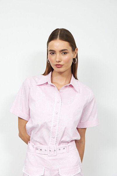 NOK İSTANBUL Floral Striped 100% Koton Çiçek Desenli Kısa Kollu Gömlek Pembe