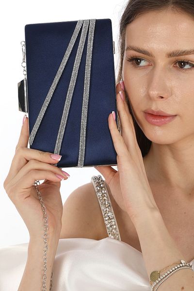 womenacs Rochie de seară din satin de culoare bleumarin pentru femei, geantă de seară cu henna de logodnă