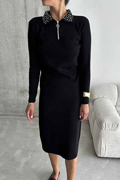 MODAGEN Kadın Siyah Yarım Fermuar Yaka Detaylı Alt-Üst Triko Takım