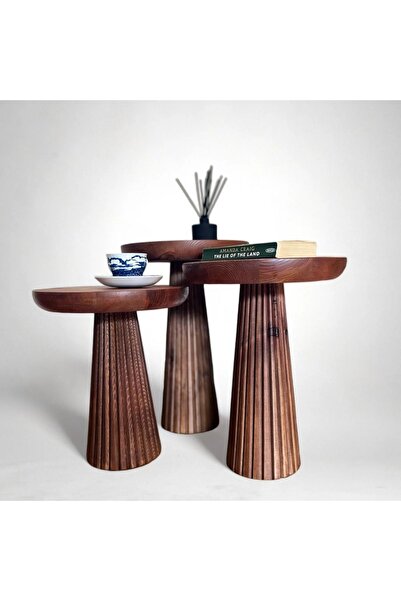 Simillo Home&Living Wood Wooden 3’lü Set Fitilli Mantar Yan Sehpa Modern Koyu...