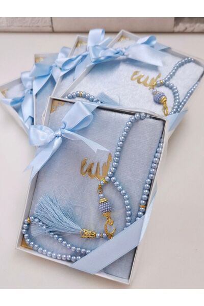 hira tasarım Hediyelik Kadife Kaplı Yasin Inci Tesbih Mevlid Seti 5 Adet
