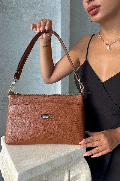 DERKON Oxnova Model Tan Colored Genuine Leather Crossbody Bag