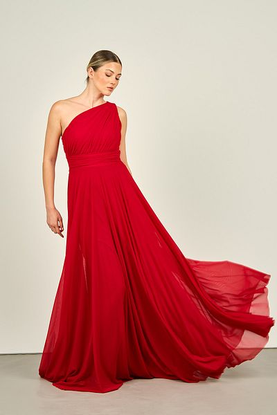 DORİDORCA One Shoulder Doridorca Red Long Evening Dress with Flared Detail 2072