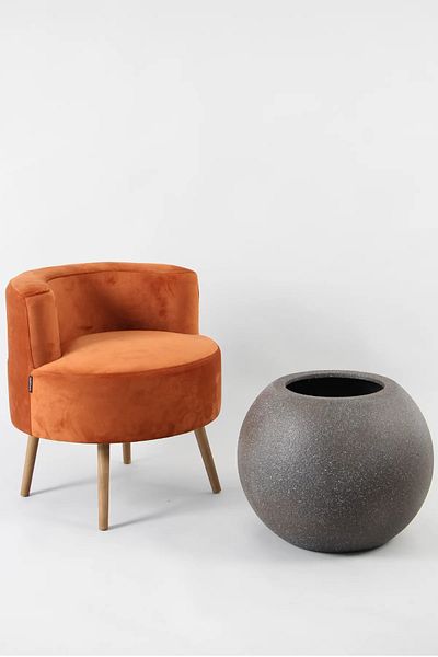 Yapay Çiçek Deposu Coffee Colored Large Size Fiber Flower Pot - Globe Model Concrete Fluffy Effect