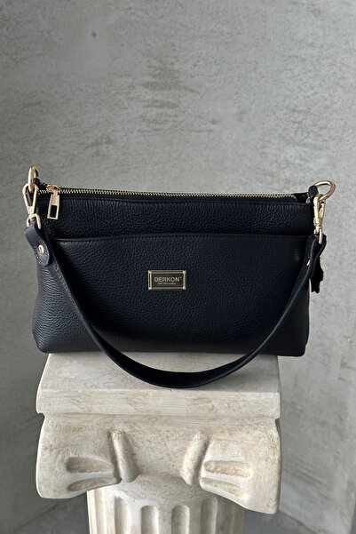 DERKON Oxnova model Black Genuine Leather Crossbody Bag - Hem Handle Design