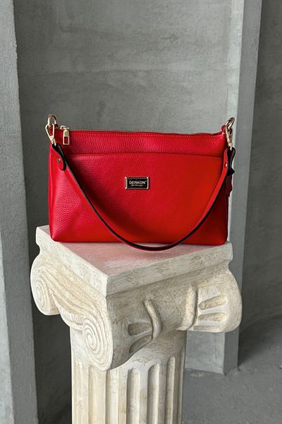 DERKON Oxnova Model Red Colored Genuine Leather Both Handle and Crossbody Bag