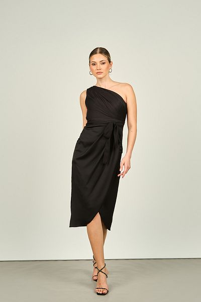 DORİDORCA Βραδινό φόρεμα Doridorca One Shoulder Μαύρο Σατέν Midi 5081