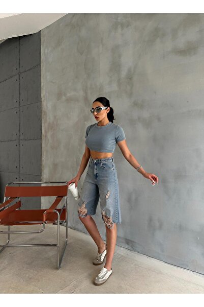 Zeo Basic LAZERLİ (YIRTIKLI) BERMUDA ŞORT MAVİ TİNTLİ