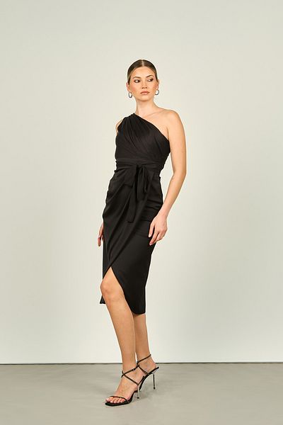 DORİDORCA Βραδινό φόρεμα Doridorca One Shoulder Μαύρο Σατέν Midi 5081