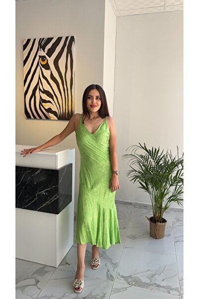 Butik YEŞİL İP ASKILI SATEN UZUN ELBİSE