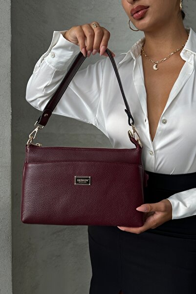 DERKON Oxnova model Burgundy Colored Genuine Leather Crossbody Bag - Hem Handle Design