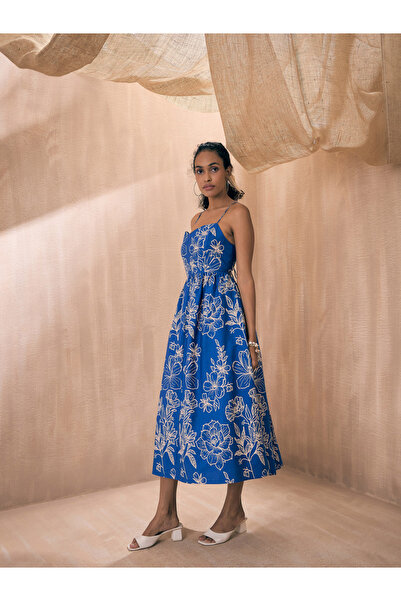 Sassafras By Styli Poplin Floral Print  Strappy Tie Back Midi Dress