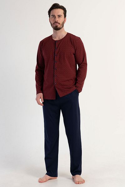 VİENETTA Men's Large Size Cotton Long Sleeve Pajamas Set - Buttoned