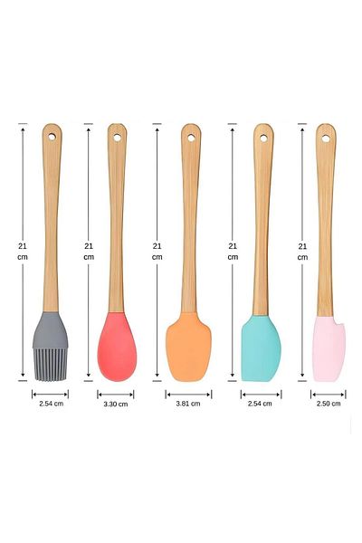safestore Set of 5 Colorful Bamboo Handle Silicone Tip Spatula Brush Spoon Set