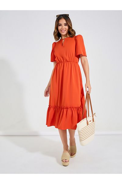 Luxewave By Styli Solid Keyhole Neck Puff Sleeves Midi Dress
