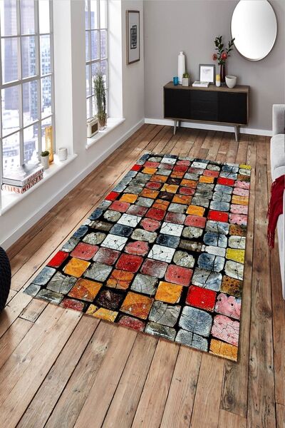 ESTA HALI Renkli Taş Desenli Makinada Yıkanabilir Kaymaz Halı Cp626