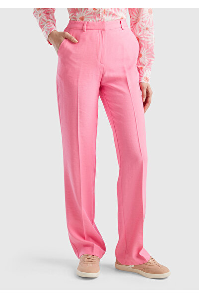 United Colors of Benetton Pantaloni de damă vâscoși roz deschis - cu centură ...