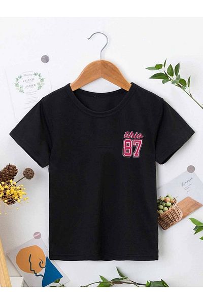 VASK Unisex Άνετο βαμβακερό εμπριμέ μαύρο παιδικό μπλουζάκι