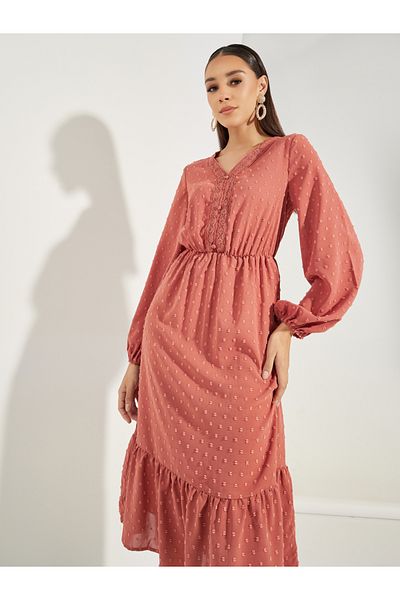 Styli Dobby Lace Insert A-Line Midi Dress