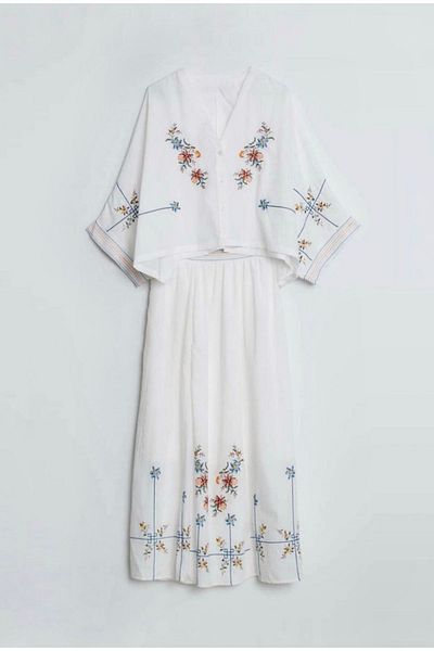 BRTC design White Flower Embroidered Cotton Women's Skirt and Blouse Set