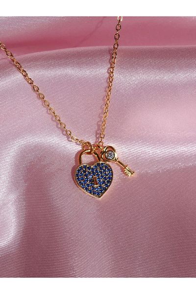 Reorah Collection Navy Blue Minimal Patterned Heart Lock Key Necklace