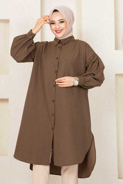 EBRUTESETTÜR Balloon Sleeve and Buttoned Shirt Collar Hijab Tunic - Oval Cut