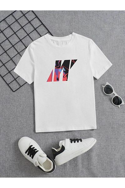 VASK Tricou alb pentru copii, unisex, confortabil, din bumbac, imprimat