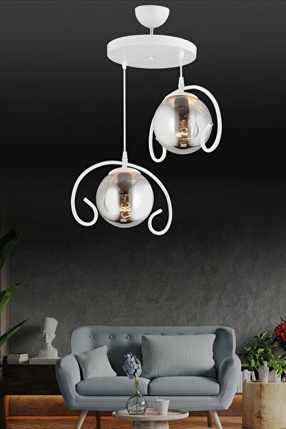 KARDELEN AYDINLATMA AVİZE Sarkıt Tepsi Beyaz 2'li Kelebek Füme Top Camlı Aşağ...