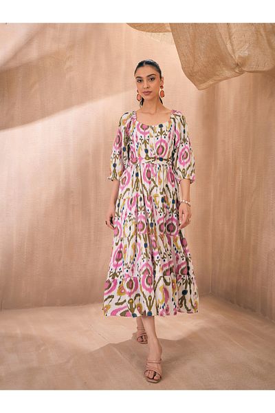 Sassafras By Styli Ikat Print Front Button Self Belt Tiered Midi Dress